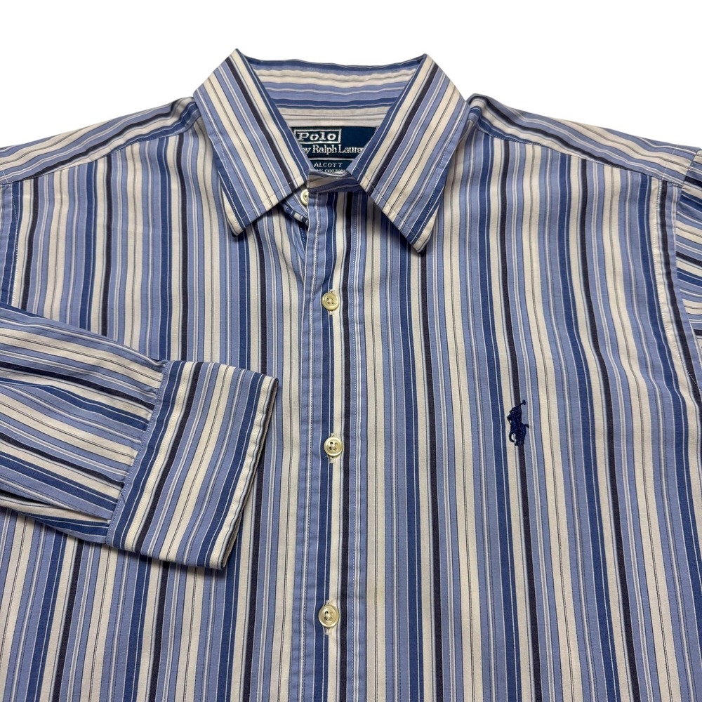 VTG Polo Ralph Lauren Alcott Dress Shirt Mens 15.5 32/33 Blue Stripe Classic Fit